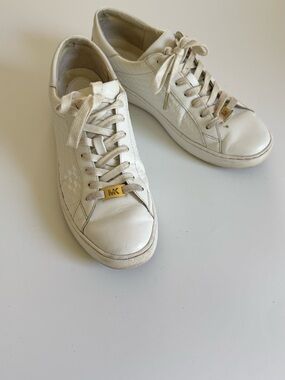 Michael Kors Cream Leather Lace-Up Sneakers with Gold MK Accent